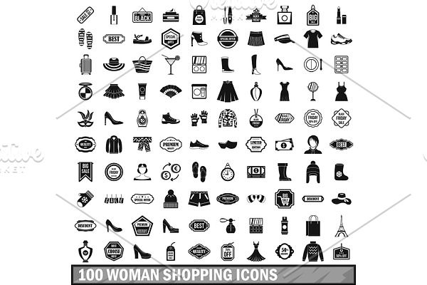 100 woman shopping icons set in