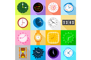 Clocks icons set colorful, flat