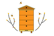 Beehive icon with bees and tree bran
