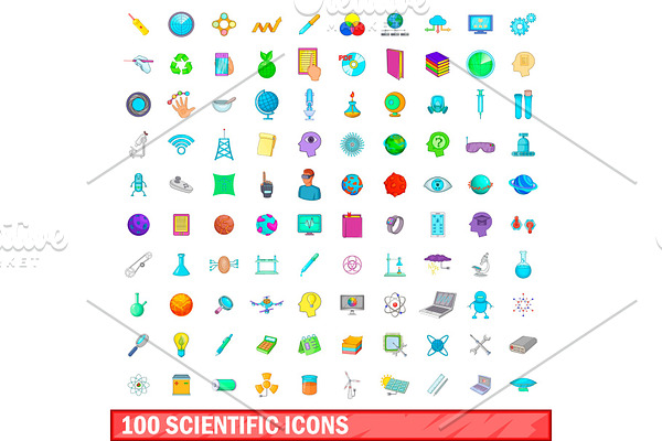 100 scientific icons set, cartoon