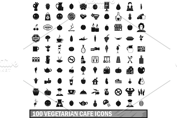 100 vegetarian cafe icons set in