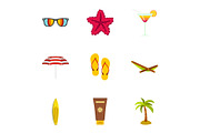 Summer beach icons set, flat style