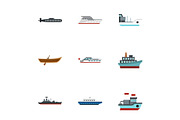 Ocean transport icons set, flat