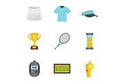 Big tennis icons set, flat style