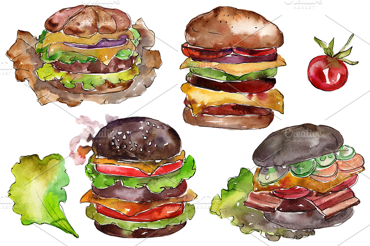 Hamburger black crunchy Watercolor in Illustrations - product preview 8