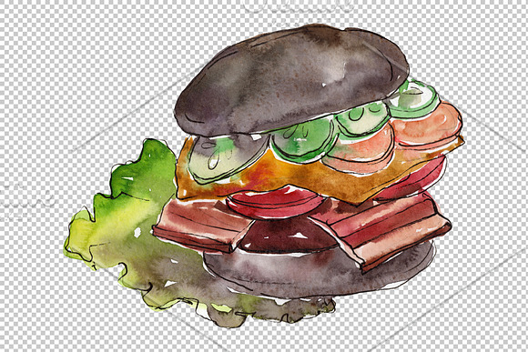 Hamburger black crunchy Watercolor in Illustrations - product preview 1