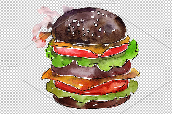 Hamburger black crunchy Watercolor in Illustrations - product preview 2
