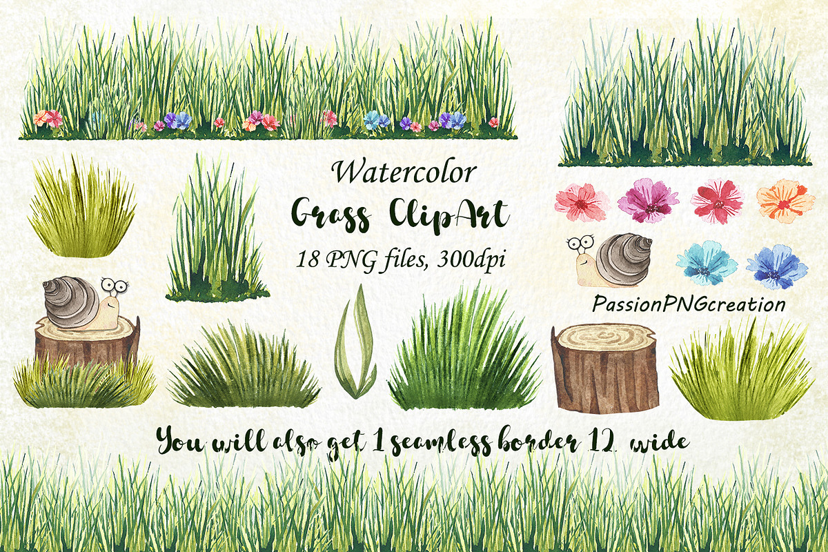 watercolor grass clipart in Illustrations - product preview 8