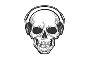 Human skull in headphones sketch