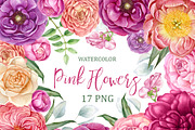 Watercolor pink flowers clip art.