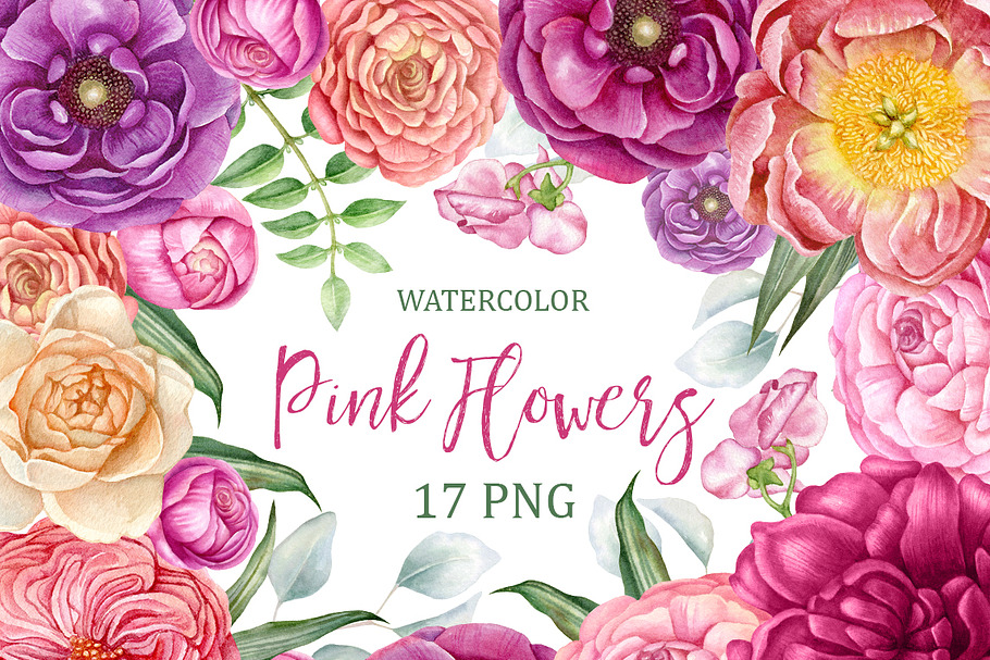 Watercolor pink flowers clip art. in Illustrations - product preview 8