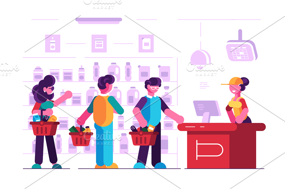 Cashier at cash desk in supermarket in Illustrations - product preview 8