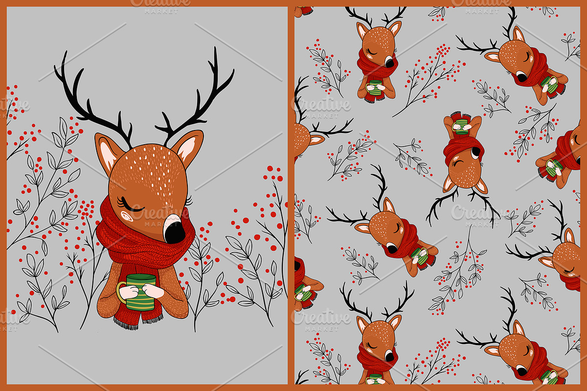 Deer illustration.Deer pattern print in Illustrations - product preview 8