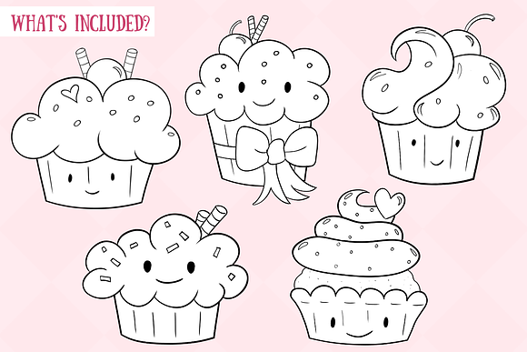 Kawaii Cupcakes Black and White in Illustrations - product preview 1