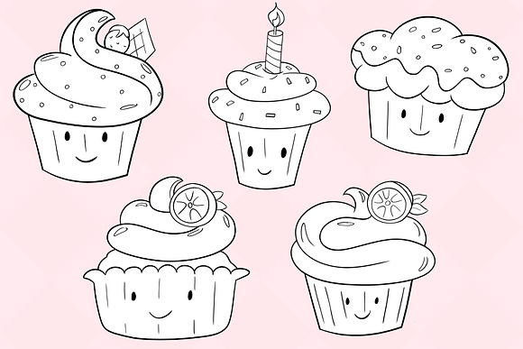 Kawaii Cupcakes Black and White in Illustrations - product preview 2