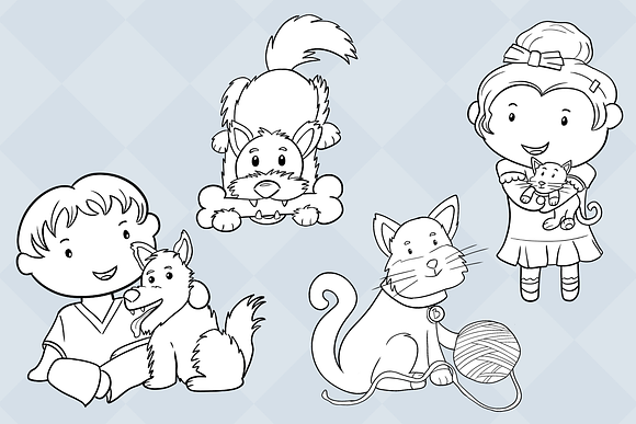 Kids With Pets Black and White in Illustrations - product preview 2
