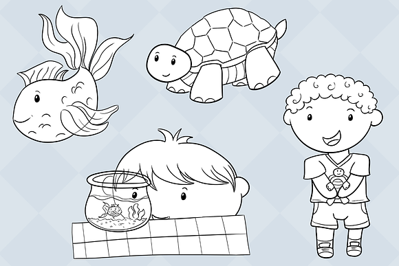 Kids With Pets Black and White in Illustrations - product preview 3
