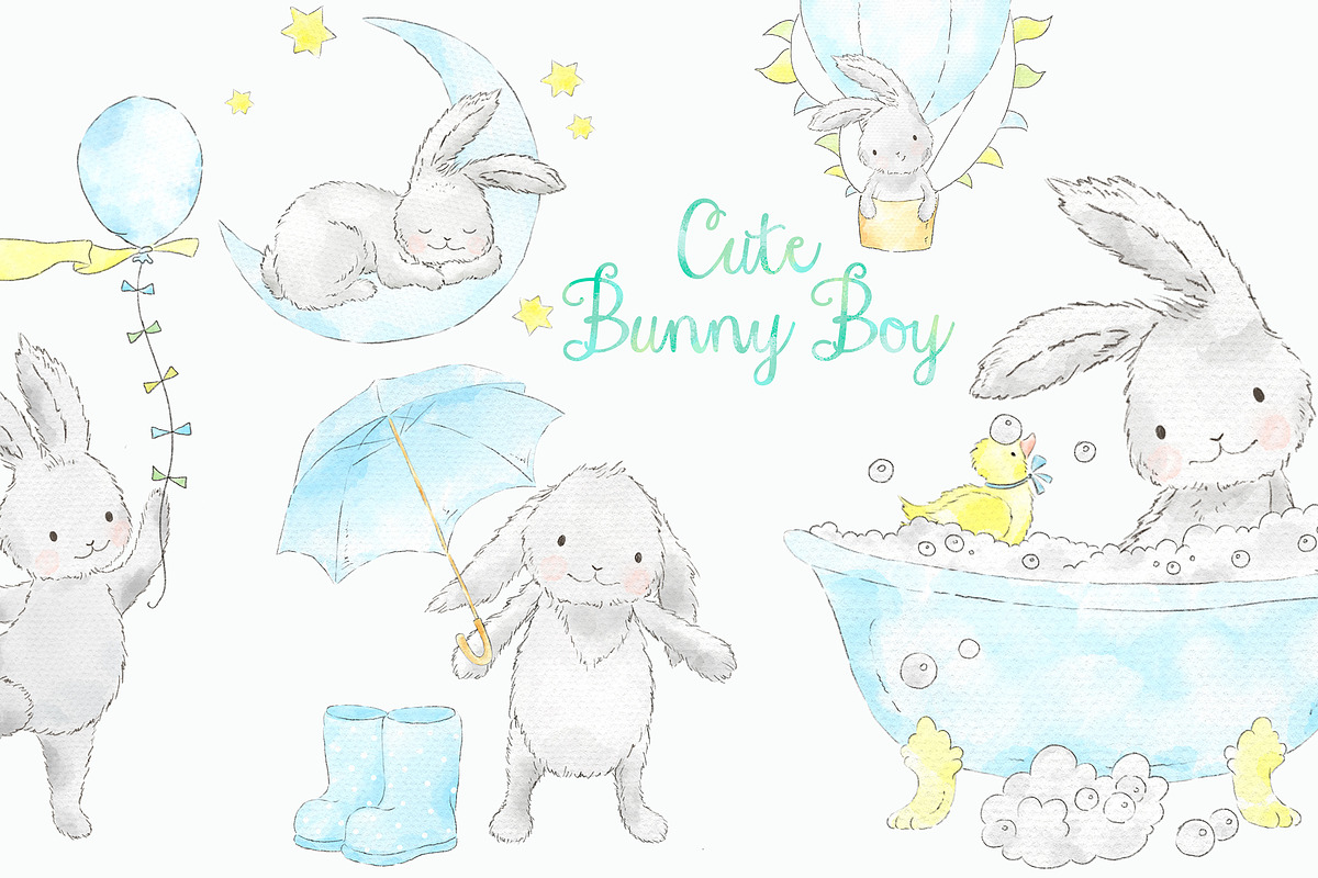 Cute bunny boy watercolor clip art in Illustrations - product preview 8