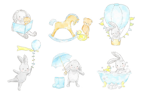 Cute bunny boy watercolor clip art in Illustrations - product preview 1