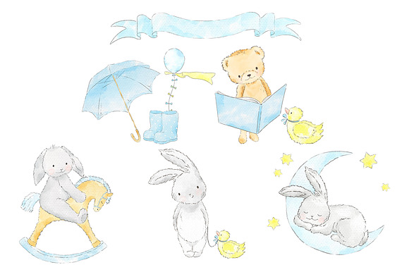 Cute bunny boy watercolor clip art in Illustrations - product preview 2