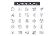 Compass line icons, signs set