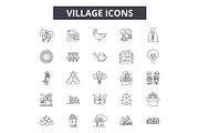Village line icons, signs set