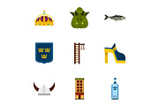 Swedish attractions icons set, flat