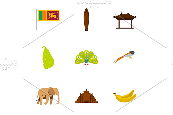 Travel to Sri Lanka icons set, flat