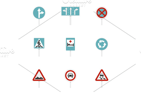 Traffic sign icons set, flat style