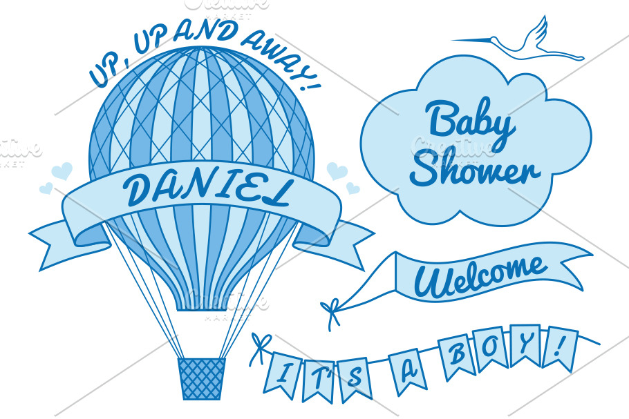 Hot air balloon baby shower, vector
