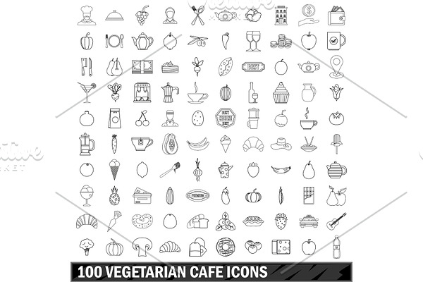 100 vegetarian cafe icons set