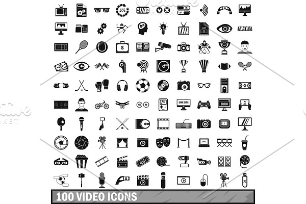 100 video icons set, simple style