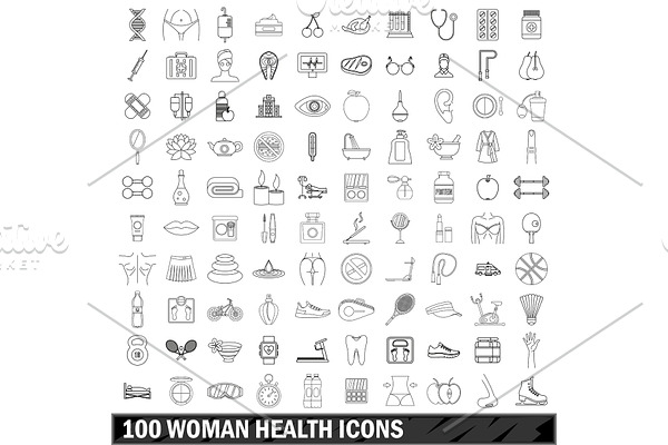 100 woman health icons set, outline