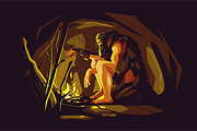 Wild caveman sitting near bonfire