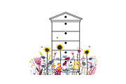 Bright flower meadow with beehive in