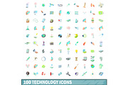 100 technology icons set, cartoon