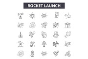 Rocket launch line icons, signs set