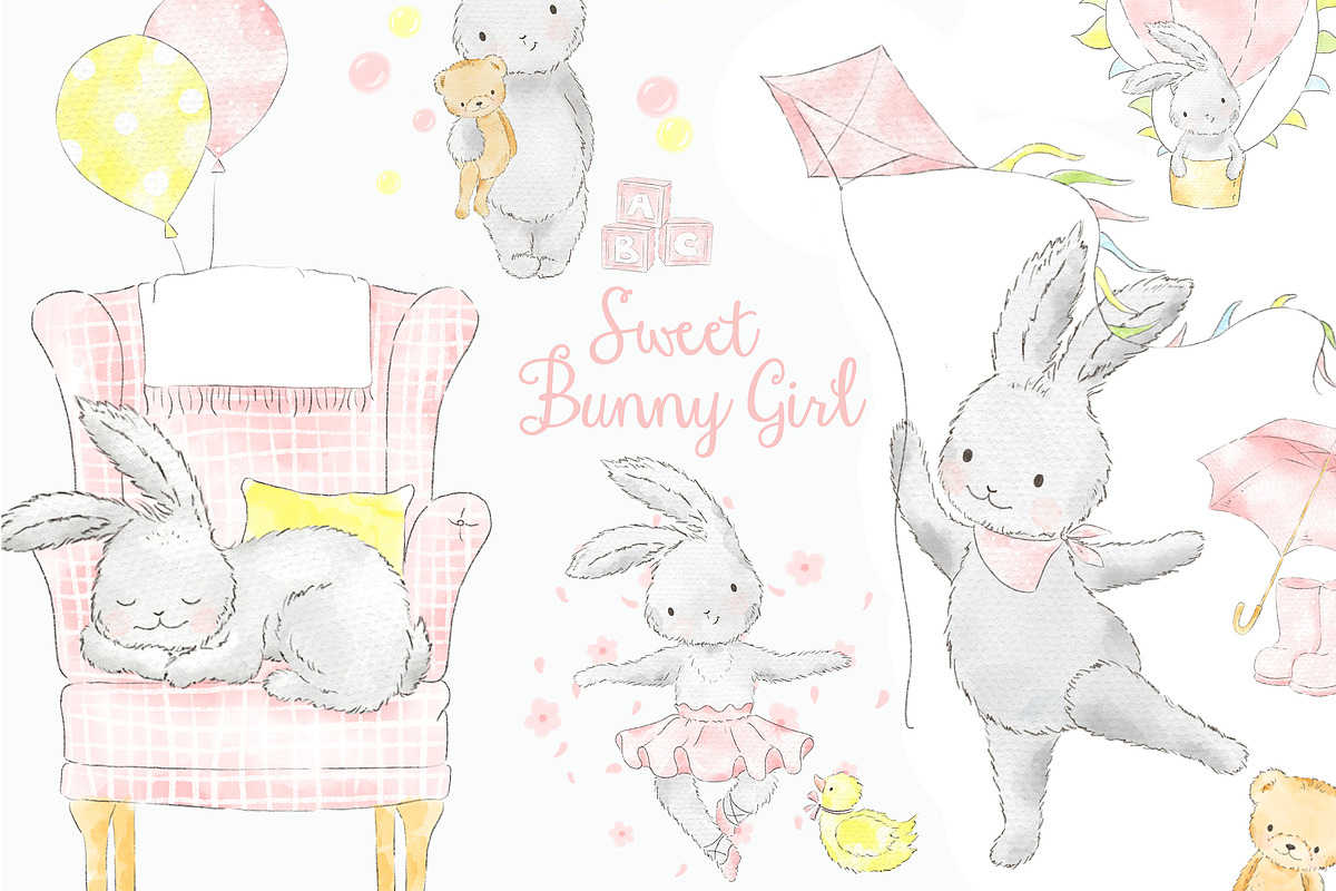 Sweet Bunny Girl watercolor clipart in Illustrations - product preview 8