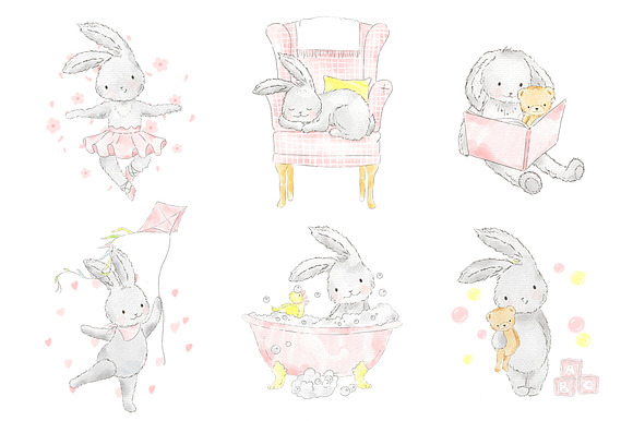 Sweet Bunny Girl watercolor clipart in Illustrations - product preview 1