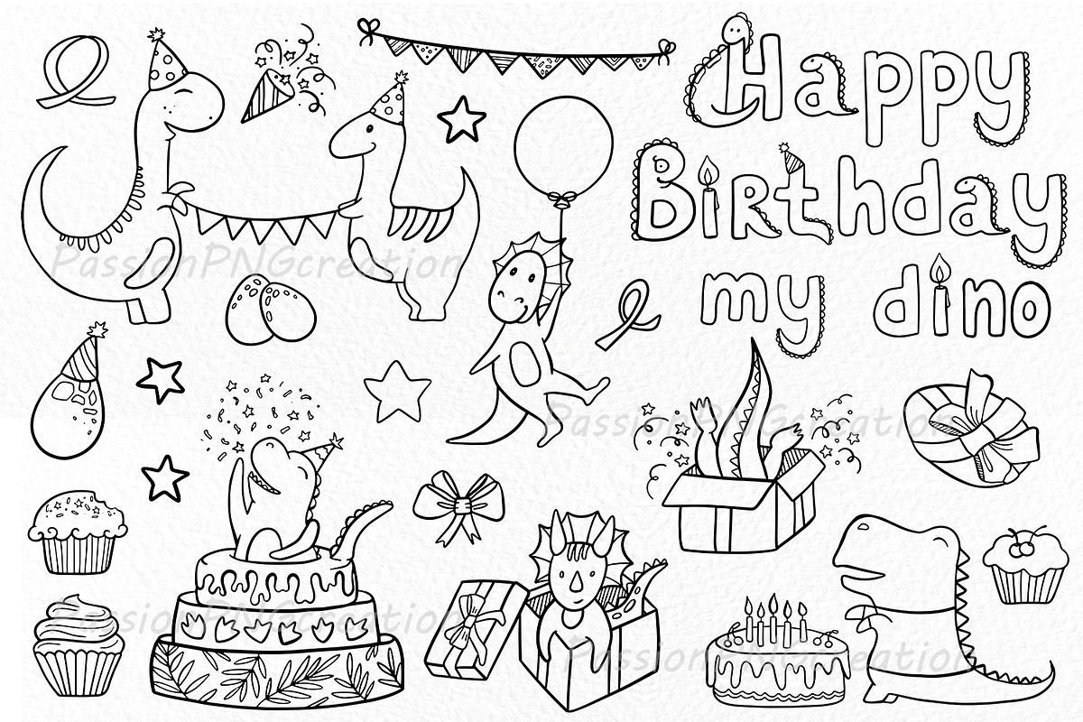 Doodle Birthday Dino Clipart in Illustrations - product preview 8