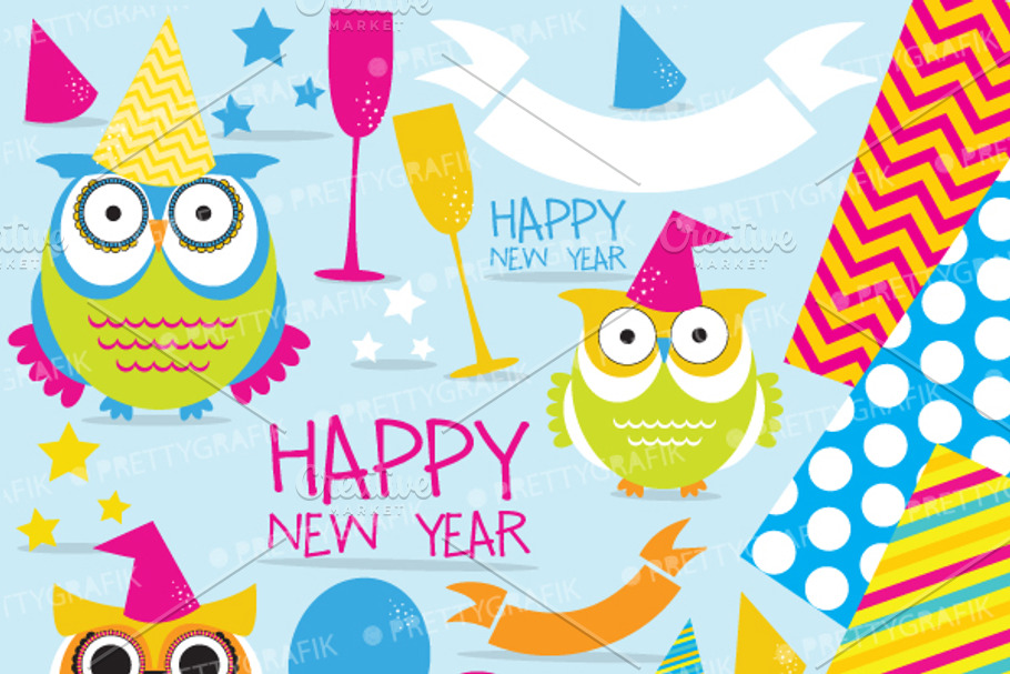 New Year Owls clipart commercial use in Illustrations - product preview 8