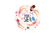 Hello sea cartoon swimming women