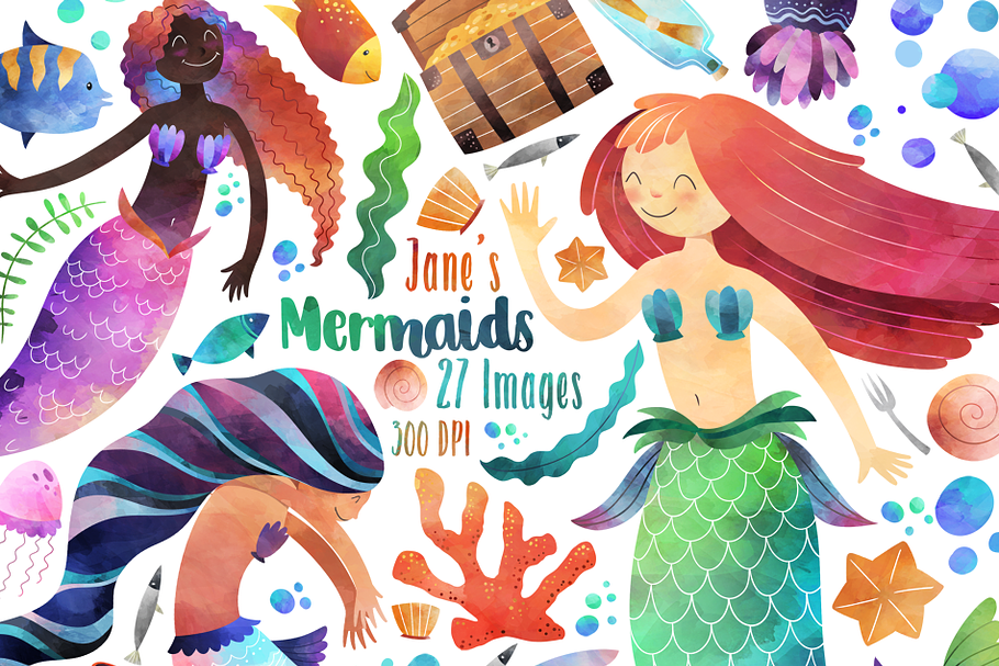 Watercolor Mermaids Clipart in Illustrations - product preview 8