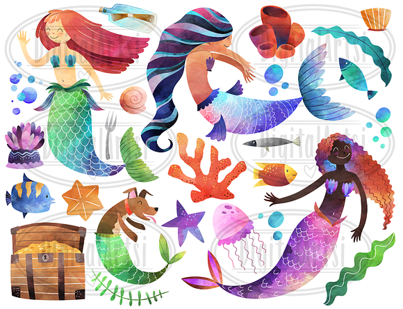 Watercolor Mermaids Clipart in Illustrations - product preview 1