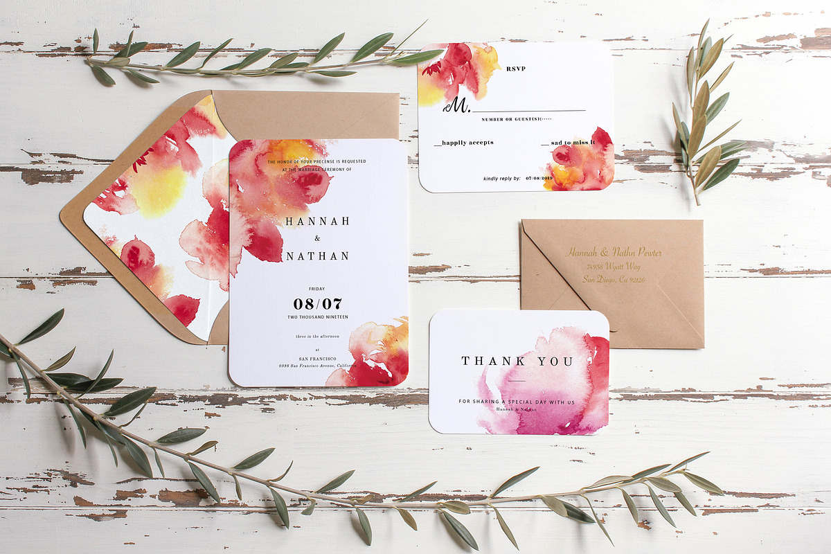 Watercolor Peony Wedding Card Set in Wedding Templates - product preview 8