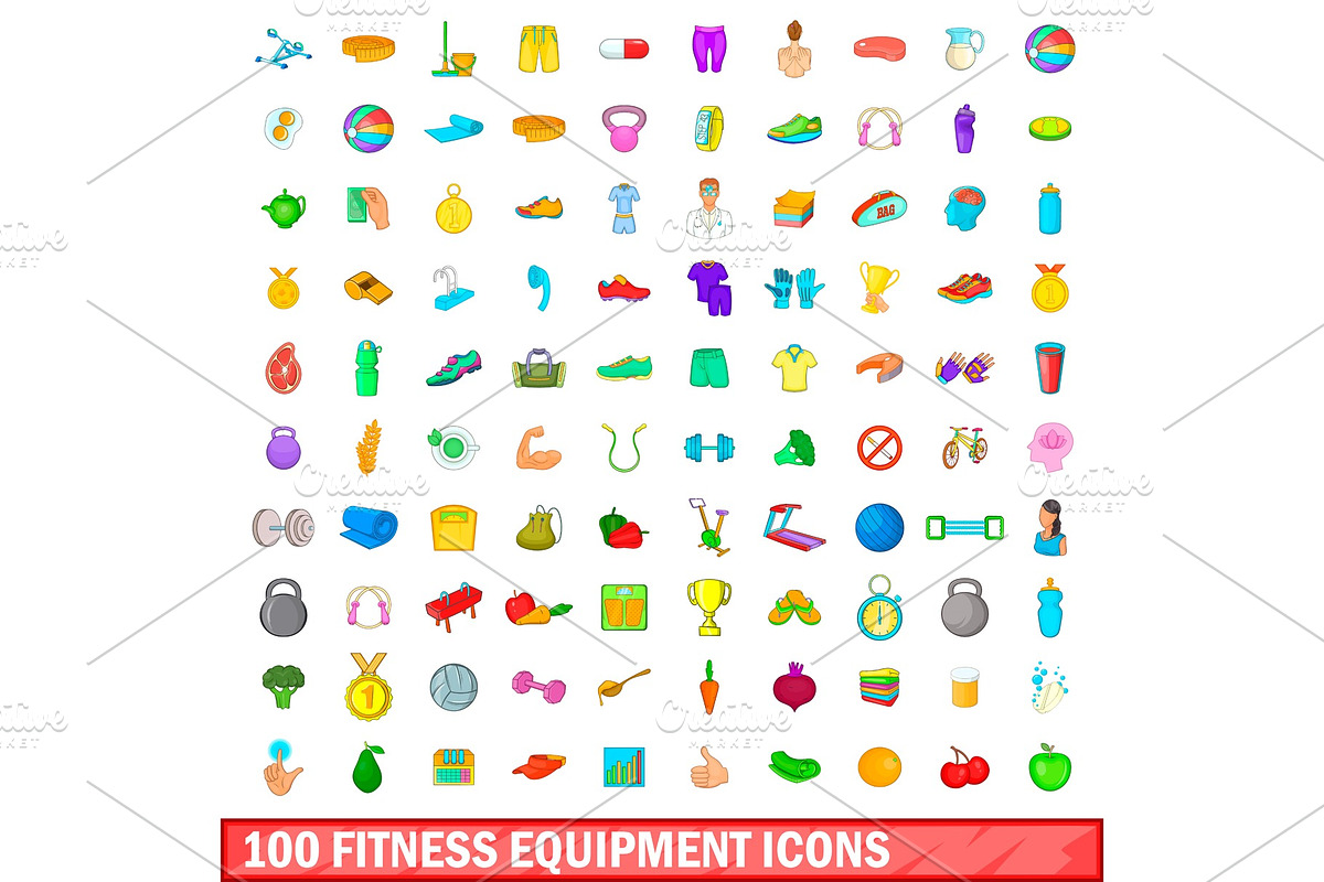 100 fitness equipment icons set in Objects - product preview 8