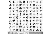 100 kids activity icons set, simple