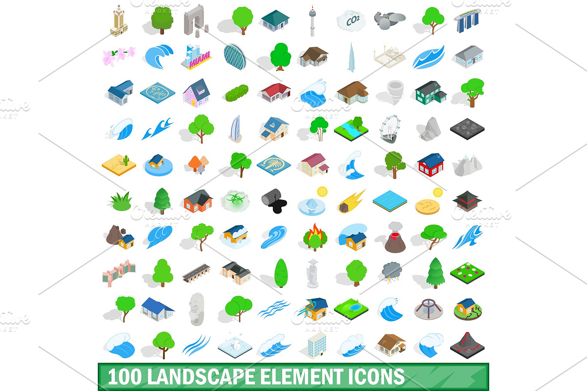 100 landscape element icons set in Objects - product preview 8