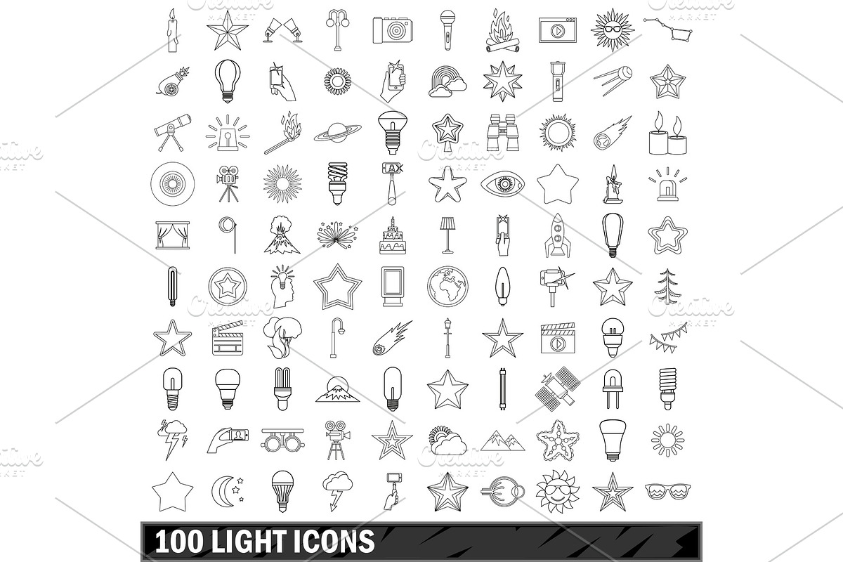 100 light icons set, outline style in Objects - product preview 8