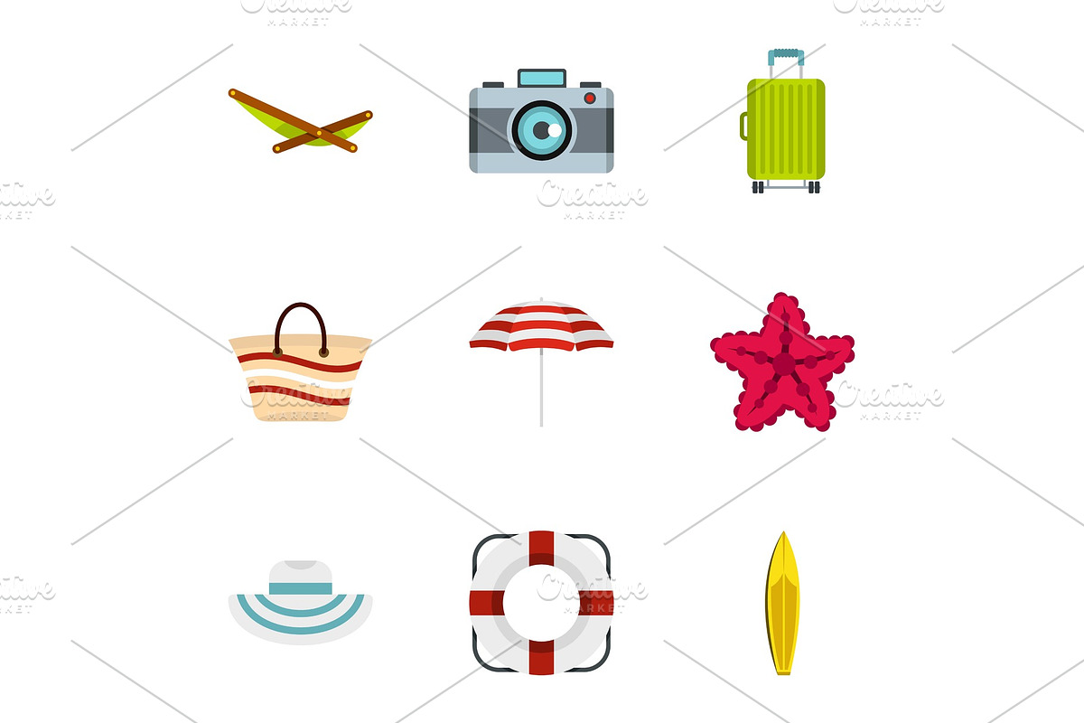 Summer icons set, flat style in Objects - product preview 8